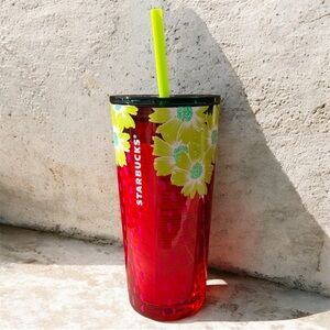 ๐ Starbucks Red Tumbler with Floral Design and Straw